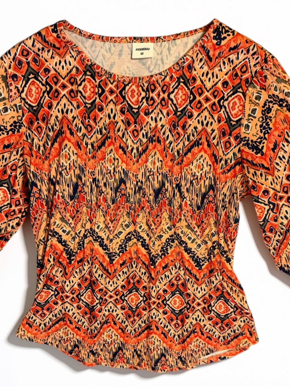 Xieerduo Women's Medium Orange Geometric Boho 3/4 Sleeve Top